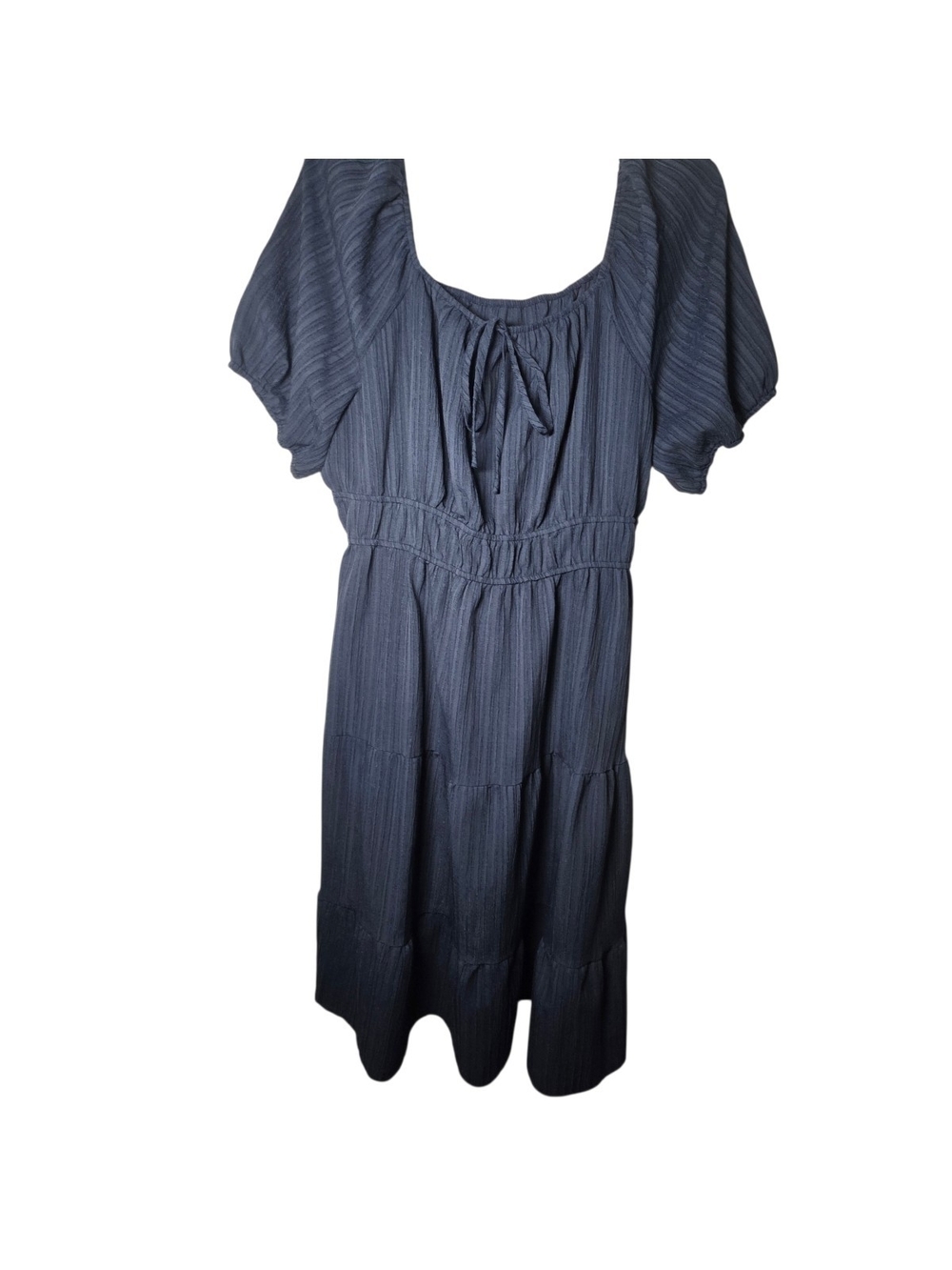Navy Blue Textured Tiered Midi Dress Smocked Waist Puff Sleeve Cottagecore Boho